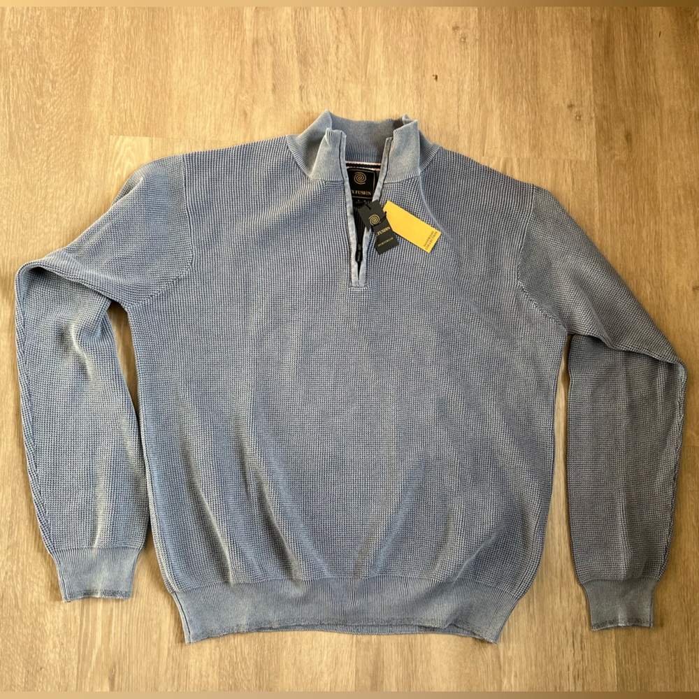 F/X Fusion Blue Quarter-Zip All Cotton Waffle Sweater *NWT* Sandwash mock neck L